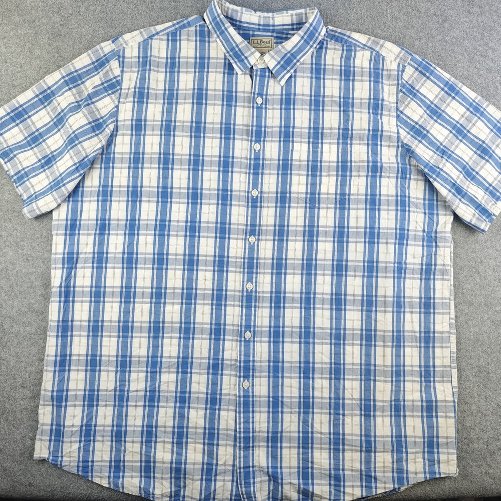 LL Bean Shirt Mens 2XL Tall 2XLT Blue Plaid Short Sleeve Button Down Cotton